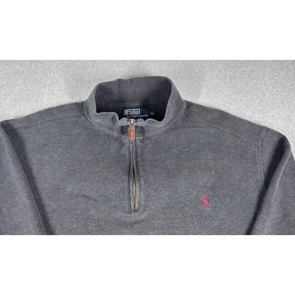 Vintage Polo Ralph Lauren 1/4 Zip Pullover Sweater‎ XL Gray Red Pony Knit Cotton